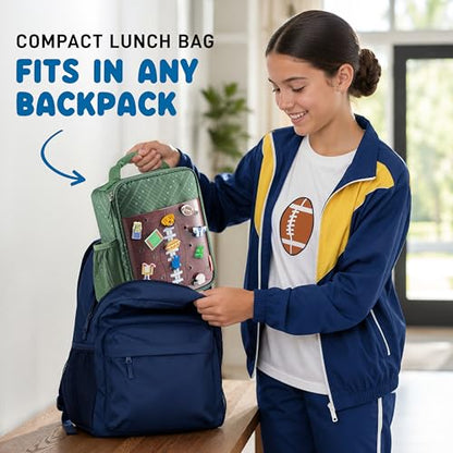 Fit & Fresh Customizable Charm Lunch Bag for Boys & Girls, Football Kids Lunch Box with 6 Sports Charms, Premium Insulated Reusable Lunch Tote for School - color: Green Football