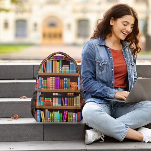 Bookshelf Book Backpack with Chest Strap, Casual Backpack for Women Men, 16 Inch Daypack for Travel Work, Library Book - color: Red