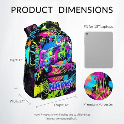 Custom Gaming Backpack - Personalized 17 Inch Boys Bookbag for Toddlers, Large Capacity Lightweight Gamer Schoolbag for Preschool Kindergarten Elementary - color: Multicolor