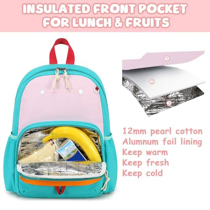 BTOOP Kids Backpack for Boys Girls 3-6, Preschool Kindergarten Backpack with Insulated Lunch Compartment & Chest Strap, Cute Lightweight School Travel Bag Fits A4 Folder - color: Pink-blue, size: Age 3-6 (14.5" H Fit Folder)