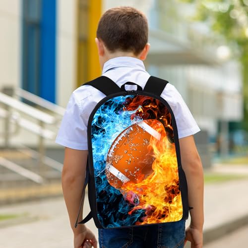 Football Backpack Set for School,17 Inch Casual School Bags with Lunch Box, Kids Daypack Bags and Pencil Case Set for Teens Boys Men Students - color: Ice&fire-football