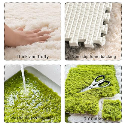 Thickened Plush Foam Interlocking Floor Carpet Mat, 24 Piece 12x12in Fluffy Square Puzzle Foam Carpet Tiles with Edgings, Soft Anti-Slip Shaggy Area Rug Playmat (Apricot+White) - color: Apricot+white