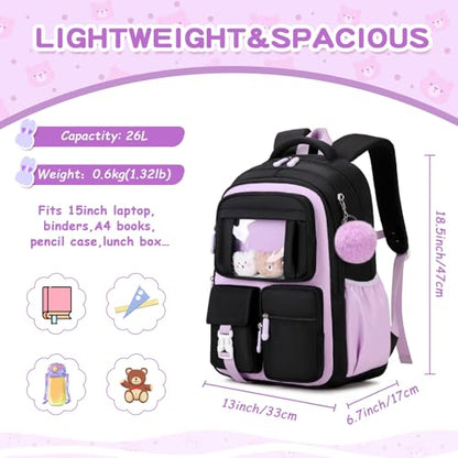 PIG PIG GIRL Kids Backpack for Girls School Bags for Middle School Students Book Bag for Elementary Primary Kawaii Ita Backpack, Black and Purple - color: Black and Purple