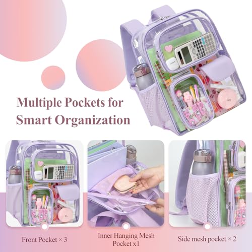 PACKISM Clear Backpack for School - 17 inch Large Heavy Duty Bookbag, Reinforced See Through PVC Transparent Backpack - color: Pu Straps Purple 3 Pockets, style: Daypack Backpacks