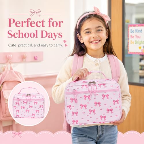 LEDAOU Kids Lunch Box - Insulated Reusable Lunch Box for Girls, Small Lightweight Water Resistant Snack Cooler Tote for Preschool, Kindergarten, School, Picnic and Hiking - color: Bow pink