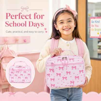 LEDAOU Kids Lunch Box - Insulated Reusable Lunch Box for Girls, Small Lightweight Water Resistant Snack Cooler Tote for Preschool, Kindergarten, School, Picnic and Hiking - color: Bow pink