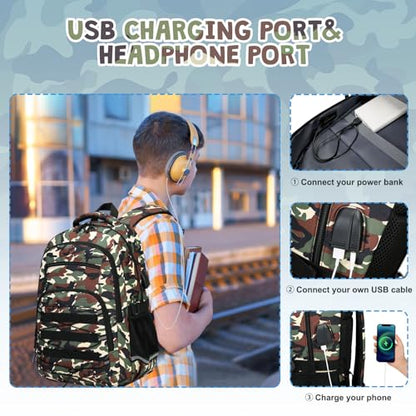ACESAK Camo Backpack for Boys, Tactical Kids Backpack Boys, School Bags for Boy Children Teens Kids Elementary Middle High School, Military Bookbag and Lunch Bag Pencil Case Set with USB Charging Port - color: Brown Camo