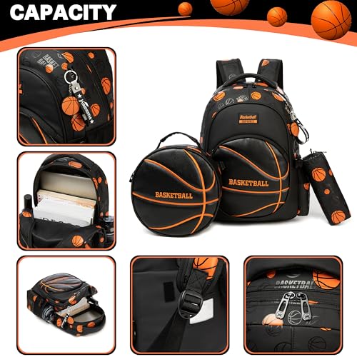 Boys' School Backpack with Lunch Box and Pencil Case - Ideal for Teens and Middle School Students, Black Basketball - color: 08 Basketball