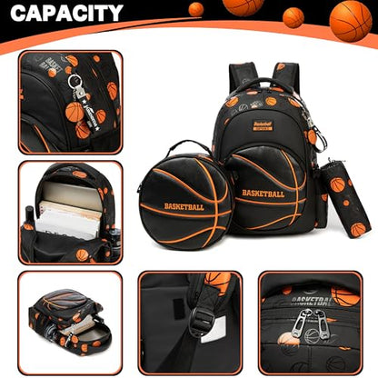 Boys' School Backpack with Lunch Box and Pencil Case - Ideal for Teens and Middle School Students, Black Basketball - color: 08 Basketball