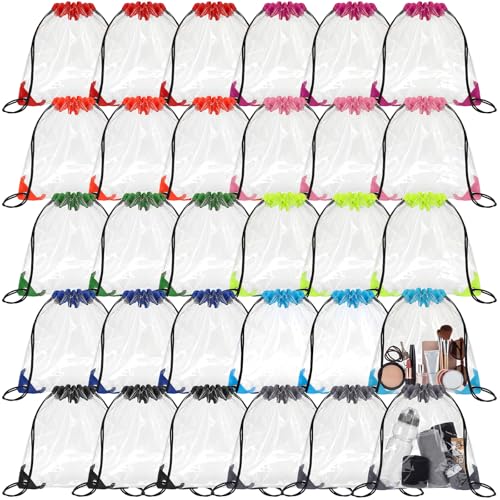 Shappy 30 Pcs Clear Drawstring Backpack, Plastic Waterproof Transparent Stadium Bags String Bag for Gym Travel (Multi-color) - color: Multi-color