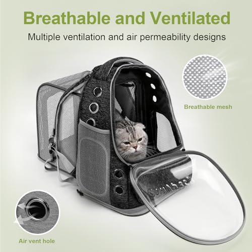 Cawypety Expandable Cat Backpack,Cat Bubble Backpack Carrier for Carrying Cats, Pets and Small Dogs,Airline-Approved,Designed for Travel, Hiking, Walking,Car （Black - color: Square Expandable- Black