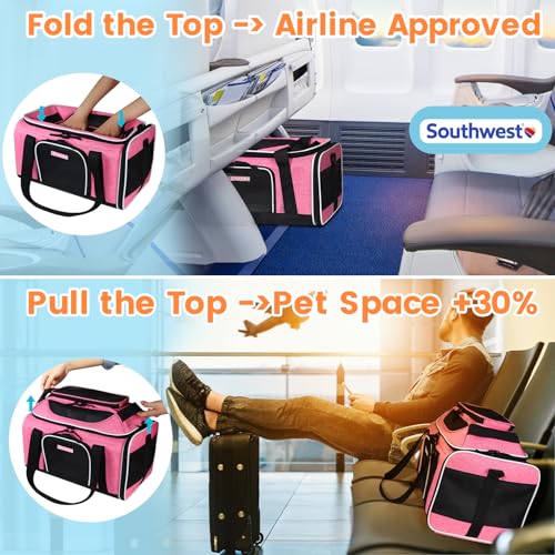 Petskd Top-Expandable Pet Carrier 18x13x9.5 Inches Southwest Airline Approved, Soft-Sided Carrier for Small Cats and Dogs with Locking Safety Zippers and Anti-Scratch Mesh(Pink) - color: Pink, size: 18.0"L x 13.0"W x 9.5"H
