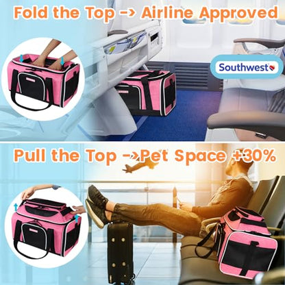 Petskd Top-Expandable Pet Carrier 18x13x9.5 Inches Southwest Airline Approved, Soft-Sided Carrier for Small Cats and Dogs with Locking Safety Zippers and Anti-Scratch Mesh(Pink) - color: Pink, size: 18.0"L x 13.0"W x 9.5"H