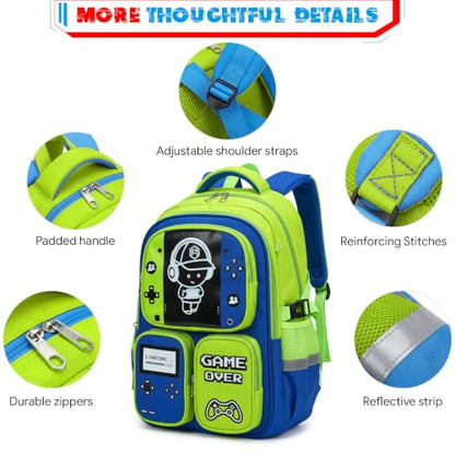 Boys Backpack, Luminous Gamer Backpack for Boys with Lunch Box,Pencil Case and Coin Puese,Kids Schoolbag Bookbag for Teen Boy Elementary Middle High School Travel - color: Green