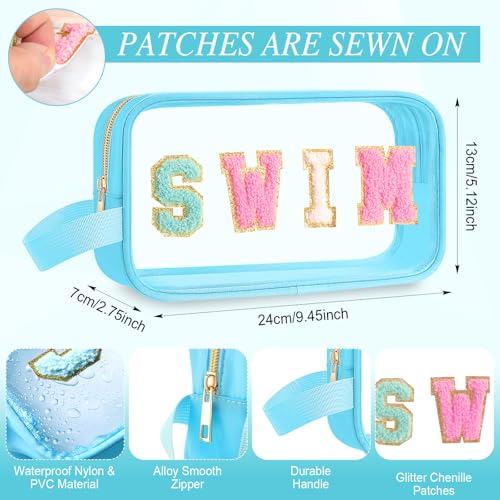 Kacctyen Swim Bag Swimsuit Clear Swimming Bag Swim Team Gift Accessories Chenille Letter Nylon Cosmetics Makeup Toiletry Small Pool Bags Waterproof Pouch for Women Swimmers Beach - color: Blue, style: Swim