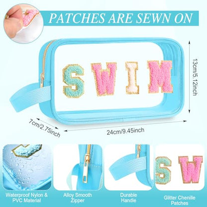 Kacctyen Swim Bag Swimsuit Clear Swimming Bag Swim Team Gift Accessories Chenille Letter Nylon Cosmetics Makeup Toiletry Small Pool Bags Waterproof Pouch for Women Swimmers Beach - color: Blue, style: Swim