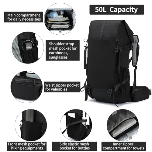 Hiking Backpack,40L to 50L Extra Large Capacity Hiking Bag,Internal Frame Camping Backpack,Upgraded X-PAC Lightweight Sport Daypack Travel Backpack Fit For Mountain Climbing Camping(Black) - color: Black
