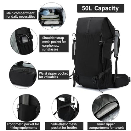 Hiking Backpack,40L to 50L Extra Large Capacity Hiking Bag,Internal Frame Camping Backpack,Upgraded X-PAC Lightweight Sport Daypack Travel Backpack Fit For Mountain Climbing Camping(Black) - color: Black