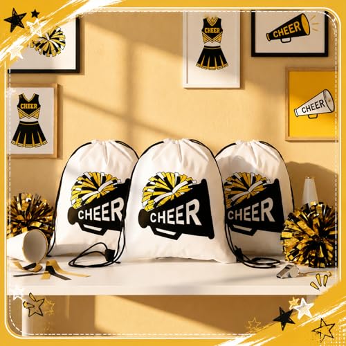 Kacctyen 24 Pcs Cheer Drawstring Backpack Cheer Team Gift Cheerleader Drawstring Gym String Bag Sports Party Favor Bulk(Black Gold) - color: Black Gold