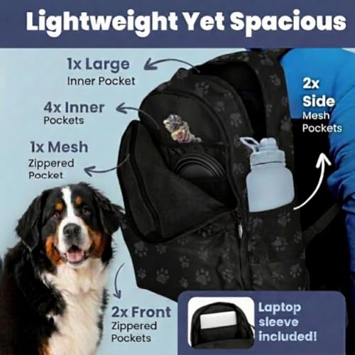 Dog Travel Bag for Supplies - Complete Dog Diaper Bag Backpack with 2 BPA-Free Travel Bowls, Treat Pouch, Food Container, Placemat & Laptop Sleeve – for Traveling, Road Trips, Hiking: Black-Paw Print - color: Black/Grey Paw Print