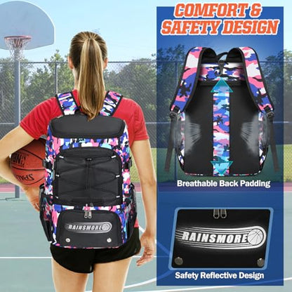 RAINSMORE Basketball Backpack 45L Basketball Bag with Separate Ball Holder & Shoes Compartment Water Resistant Sports Bag Basketball Equipment Bags Fit Volleyball, Soccer, Swim, Gym, Travel - color: Camouflage Pink