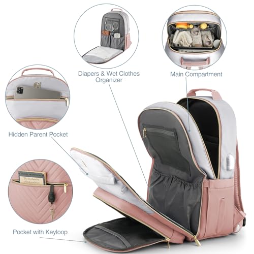 MOMUVO Diaper Bag Backpack, Quilted Baby Bag with Changing Pad & Stroller Straps & Pacifier Case, Large Travel Diaper Bags for Mom Dad, Pink Grey - color: Pink Grey