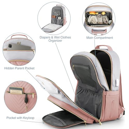 MOMUVO Diaper Bag Backpack, Quilted Baby Bag with Changing Pad & Stroller Straps & Pacifier Case, Large Travel Diaper Bags for Mom Dad, Pink Grey - color: Pink Grey