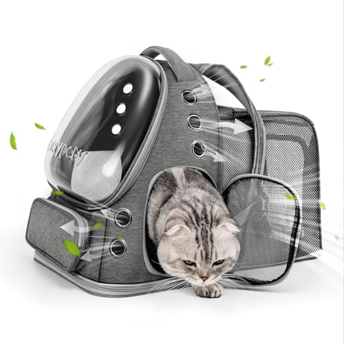 Cawypety Expandable Cat Backpack,Cat Bubble Backpack Carrier for Carrying Cats, Pets and Small Dogs,Airline-Approved,Designed for Travel, Hiking, Walking,Car （Grey - color: Square Expandable- Grey