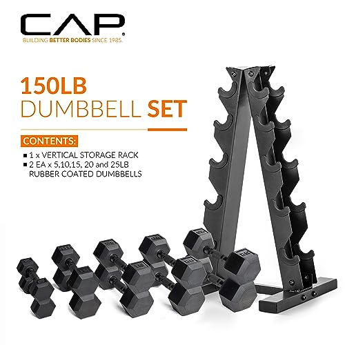 CAP Rubber Coated Hex Dumbbell Set with Storage Rack | 100–210 lb Options, Space-Saving Vertical Compact Storage for Home Gym Strength Training - size: 150 lb - Set, style: Black Handle