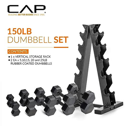 CAP Rubber Coated Hex Dumbbell Set with Storage Rack | 100–210 lb Options, Space-Saving Vertical Compact Storage for Home Gym Strength Training - size: 150 lb - Set, style: Black Handle