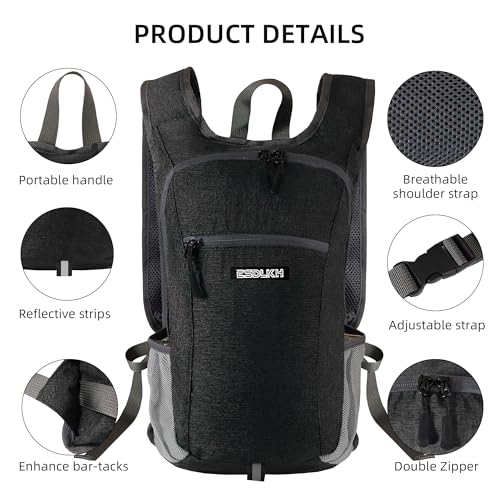 Small Hiking Backpack with Detachable Front Phone Holder, Foldable Packable Back pack with Chest and Waist Strap, Lightweight Daypack for Women Men (Black, 15L) - color: Black