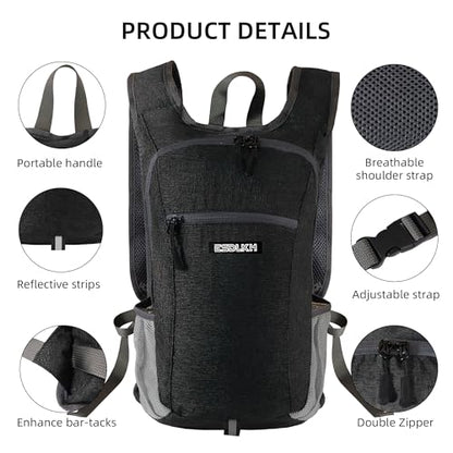 Small Hiking Backpack with Detachable Front Phone Holder, Foldable Packable Back pack with Chest and Waist Strap, Lightweight Daypack for Women Men (Black, 15L) - color: Black