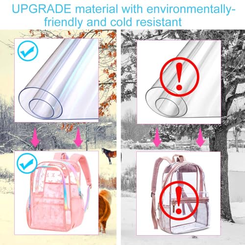 gxtvo 3PCS Transparent Backpack for Girls Heavy-Duty Set for Women & Teen, 17" Pink Clear Bookbag with Rainbow Strap, Sweet Bow See Through School Bag - color: Pink Elegant Bow Clear Backpack Set