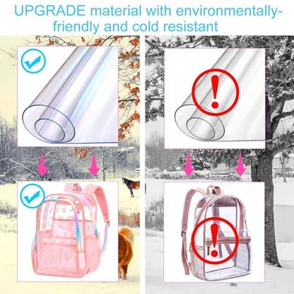 gxtvo 3PCS Transparent Backpack for Girls Heavy-Duty Set for Women & Teen, 17" Pink Clear Bookbag with Rainbow Strap, Sweet Bow See Through School Bag - color: Pink Elegant Bow Clear Backpack Set