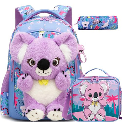 Meetbelify Kids School Backpacks for Girls Boys Backpack with Lunch Bag for Elmentary Students - color: 01 Koala Purple