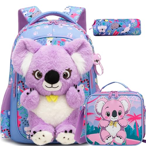 Meetbelify Kids School Backpacks for Girls Boys Backpack with Lunch Bag for Elmentary Students - color: 01 Koala Purple