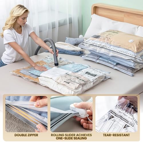 TAILI 6 Pack Vacuum Storage Bags, LONG SIDE ZIP (3 Large+3 Jumbo), Multi-Size Vacuum Seal Bags for Clothing, Storage Bulky Beddings, Comforters and Clothes, Space Saver for Closet Organization - size: 6 Combo