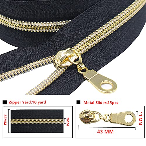 MebuZip #5 Gold Metallic Nylon Coil Zippers by The Yard Bulk Coil Zipper Roll 10 Yards with 25pcs Pulls for DIY Sewing Craft Bags (Black) - color: Gold Black