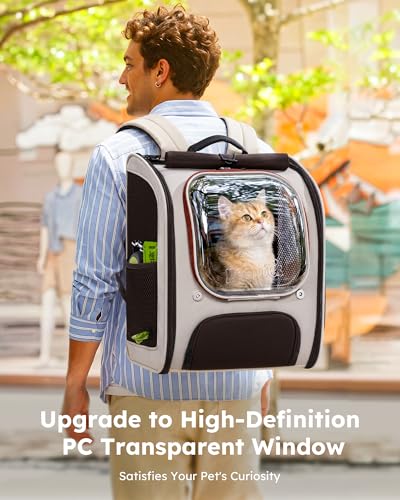 Pecute Dog Backpack Carrier,Large Space Dog Bubble Backpack,Ergonomic,Khaki | Color Blocking,Sunshade curtain,Folding bowl,Transparent window,Sturdy,Large mesh on both sides for breathability - color: Khaki-on-Khaki Color Blocking