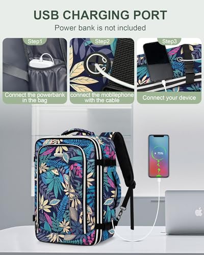 Travel Carry On 17.5" Laptop Expandable Backpack for Men Women, Personal Item Bag Waterproof Airline Approved with USB Charging Hole 3 Packing Cubes, Large Weekender Daypack Business Luggage Suitcase - color: Tropical Leaves, size: Expandable