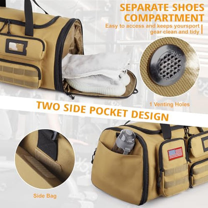 Expandable Gym Bag For Men,Tactical Large 3 in 1 Sports Duffle Bag With Shoes Compartment,Water Resistant Sports Gym Tote Bags Multi-functional Weekend Travel Backpack Overnight Bag - color: Brown