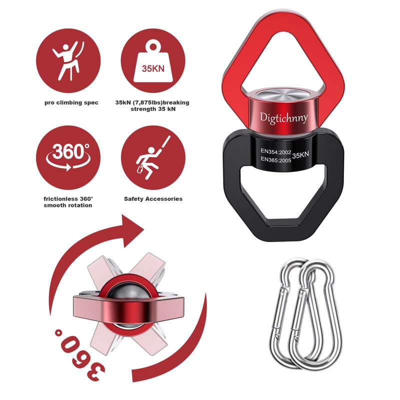 Swivel Hook for Swing, 35KN Swing Swivel, Aluminium Alloy Swing Spinner for Children's Swing,Aerial Yoga,Web Tree Swing,Hanging Hammock Indoor Outdoor(Black-Red with 2 Carabiners) - style: Black Red-1 Pack with 2 Carabiners