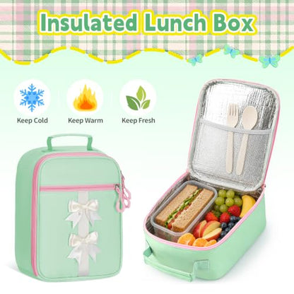 Girls Backpack with Lunch Box Set, 4 PCS Cute Kawaii School Bookbag for Elementary Girls, Green Aesthetic Large Laptop Backpack for Kids & Teens - color: Green