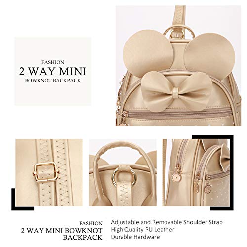 KL928 Girls Mini Backpack Bowknot Polka Dot Cute Small Daypacks Convertible Shoulder Bag Purse for Women - color: Gold