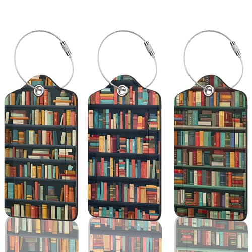 Set of 3 Luggage Tags, Bookshelves Full of Books Leather Suitcases Tag Identifiers with Privacy Name Address Labels & Durable Steel Loop for Women Men Travel - color: Bookshelves Full of Books