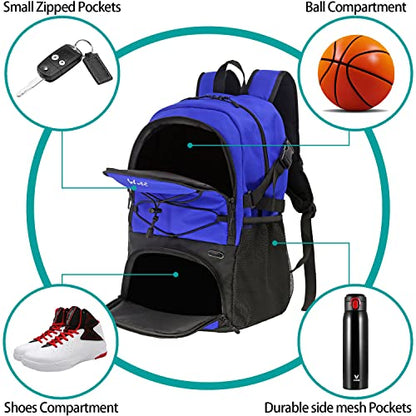 WOLT Basketball Backpack Large Sports Bag with Separate Ball Holder & Shoes Compartment, Best for Basketball, Soccer,Gym - color: Blue