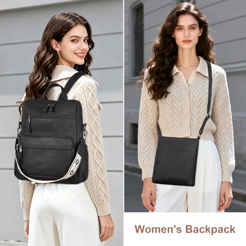 Dora & Liz Backpack Purse for Women, Pu Leather Designer Travel Backpack, Fashion Work Ladies Shoulder Bag Handbag - color: Black-3
