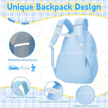 Girls Backpack with Lunch Box Set, 4 PCS Cute Kawaii School Bookbag for Elementary Girls, Blue Aesthetic Large Laptop Backpack for Kids & Teens - color: Blue