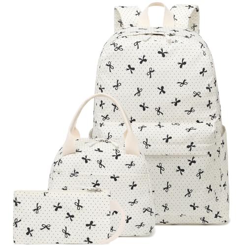 LEDAOU Backpack for Girls School Bag Kids Bookbag Teen Backpack Set Daypack with Lunch Bag and Pencil Case | Kids - color: Beige-bow Tie