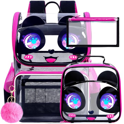 UFNDC 3PCS Clear Backpack for Girls and Boys, Unicorn Cat Transparent Bookbag, See Through School Bag for Kids Elementary - color: Panda Black Clear Backpack Set